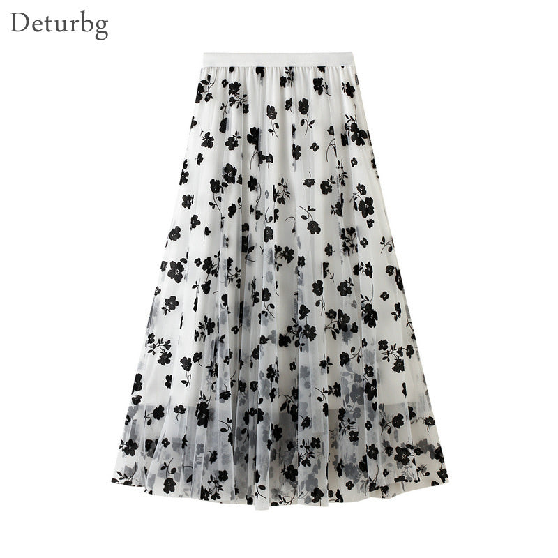 Casual Dresses Women&#039;s Sweet Floral Flocked Midi Long Tulle Skirt Korean Female High Waist 3 Layer Mesh Pleated Skirts Faldas Autu