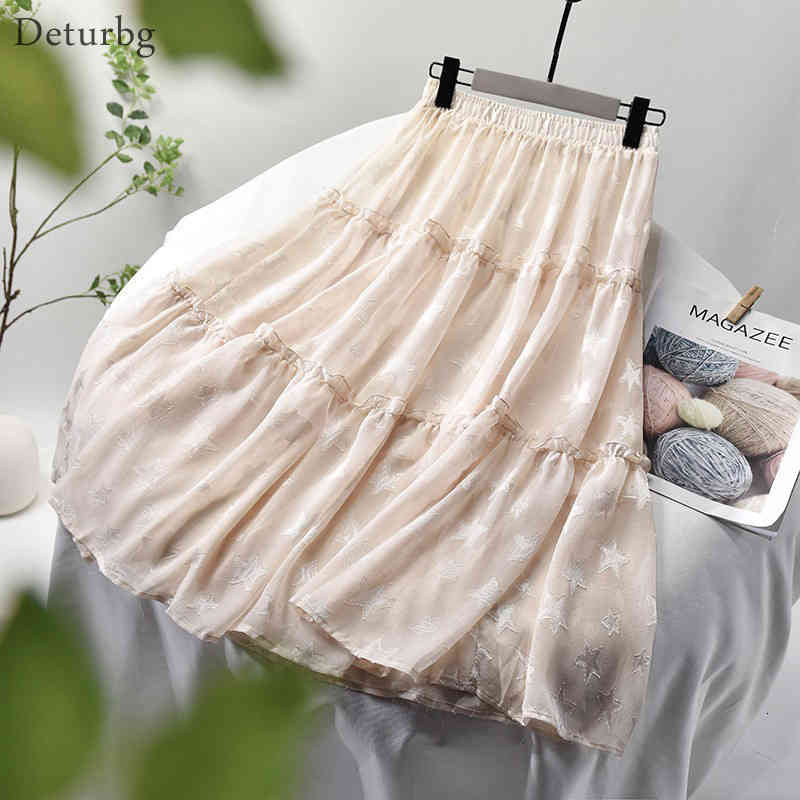 Casual Dresses Women&#039;s Sweet Lace Patchwork Pentagram Skirt with Liner Ladies Korean High Waist Pleated Midi Skirts Saias Spring S