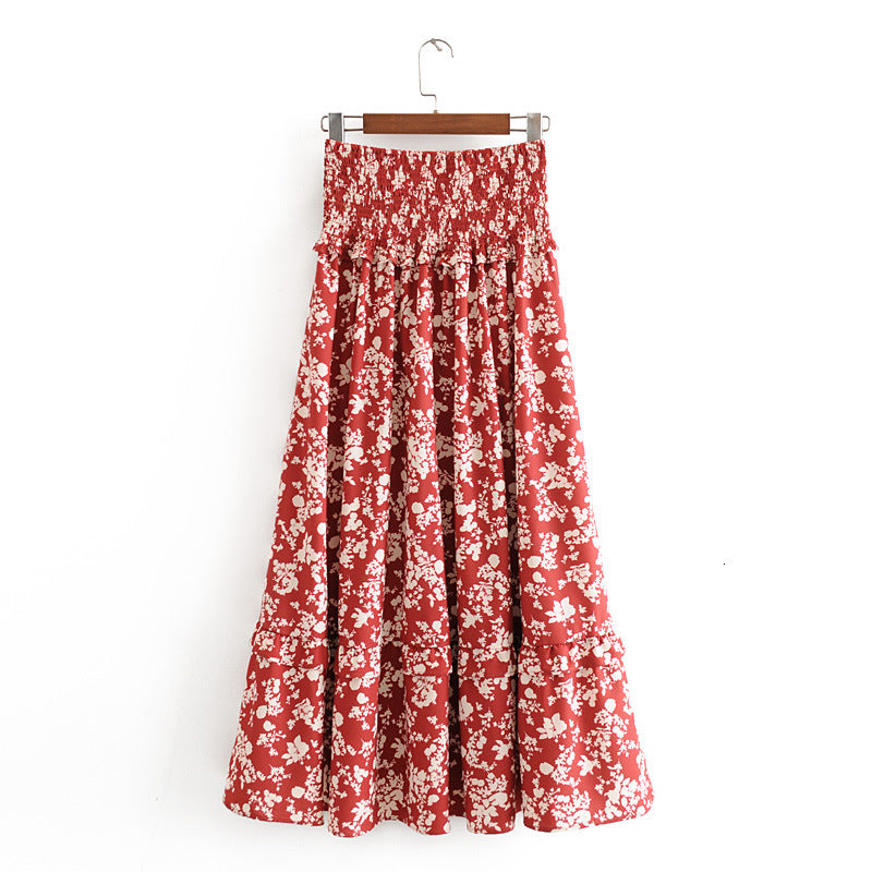 Skirts Women Floral Print Bohemian Beach Elastic Style Waist Ruffle Casual Long Spring Summer Boho Holiday Party Maxi 8DLC