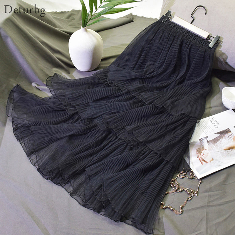 Casual Dresses Womens Elegant Midi Long Tiered Skirt Female Korean High Waist Kawaii Pleated Chic Black Tulle Skirts Spring SK281