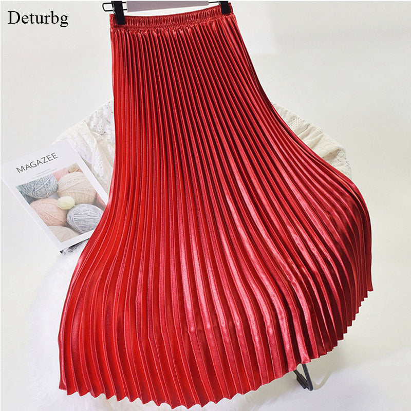 Casual Dresses Korean Women Fashion Pleated Satin Long Skirt Female Chic Streetwear Elastic High Waist Red Skirts Saia 2021 Autumn
