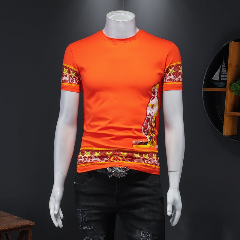 Summer 2021 mercerized cotton short-sleeved T-shirt men&#039;s self-cultivation diamond printed small shirt youth casual half-sleeved trend