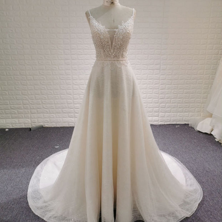 New Arrival V-Neck Strapless Glitter Lace Up Floor-Length Wedding Dress Robe De Mariee Vestido De Noiva Off Shoulder Bridal Gown