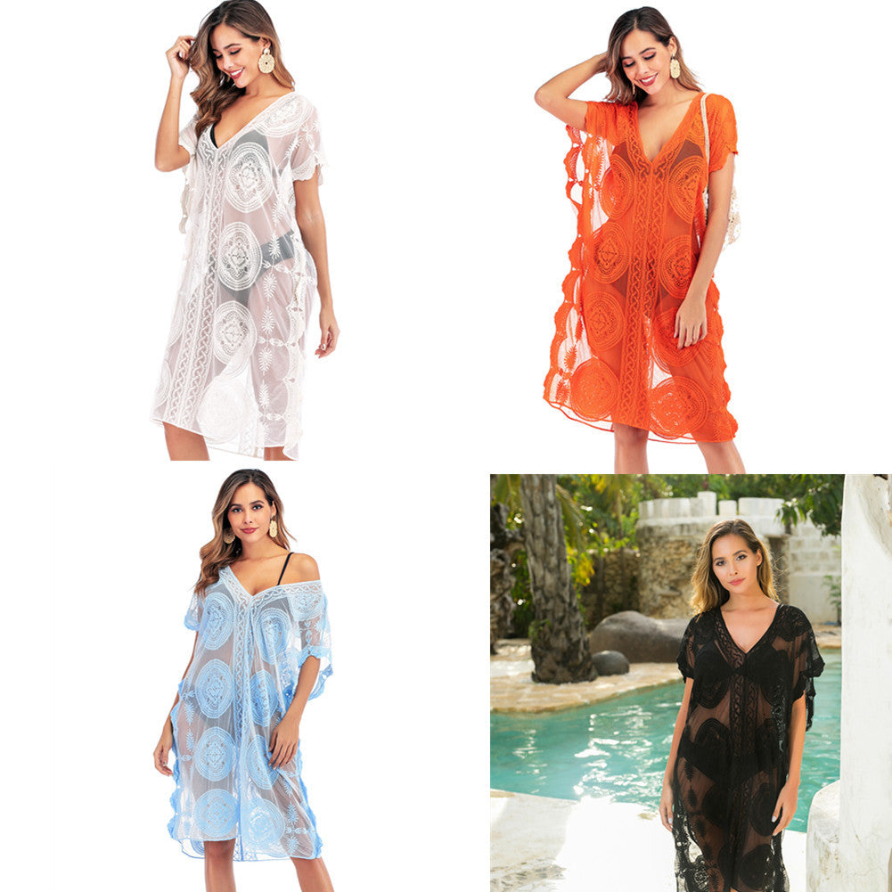 Casual Dresses Women Bikini Beach Swimsuit Cover Ups Sheer Lace Floral Embroidery Sunscreen Long Blouses Shirts Swimwear Bathing Suit Cover-Ups QIDX