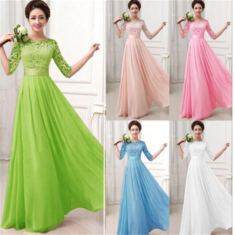 Casual Dresses Wholesale- Women Half Sleeve Lace Chiffon Princess A Line Candy Colour Elegant Maxi Long Vestidos FI49