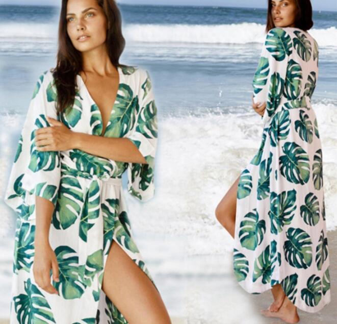 Casual Dresses Women Pareo Beach Cover ups Long Kimono Blouses Tropical Leaves Print Bikini Swimwear Seaside Holiday Cardigan Summer Cover-Ups 2G7N