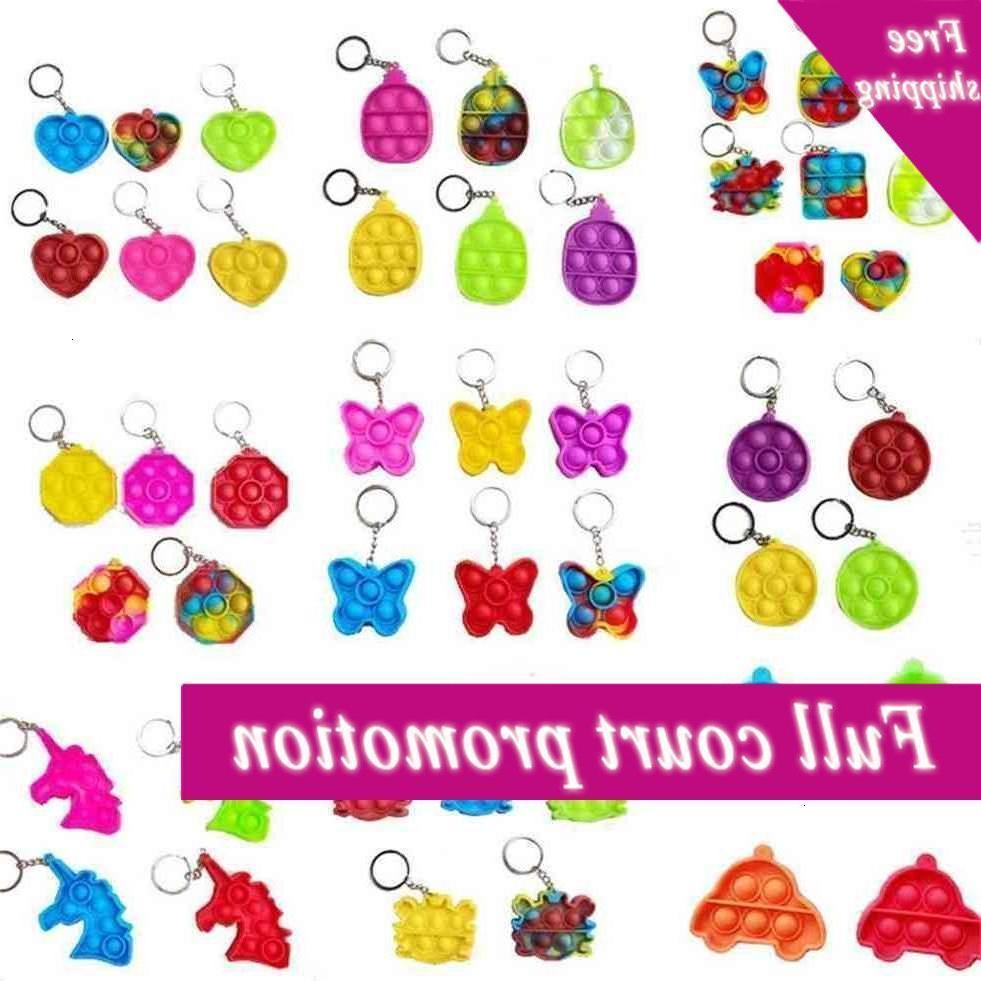 Fidget simple dimple toy kids Mini Push Poo its Bubble Sensory toys Keychain Cartoon rainbow tie-dye Finger Chains