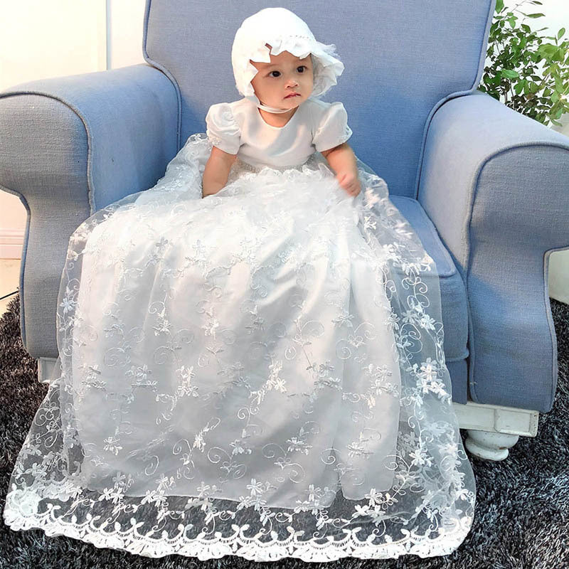 Girl&#039;s Baby Girls Boutique Baptism Dress White Cotton Embroidery Lace Lengthen Christening Gown with Ruffle Hat Infant Birthday Dresses 1027