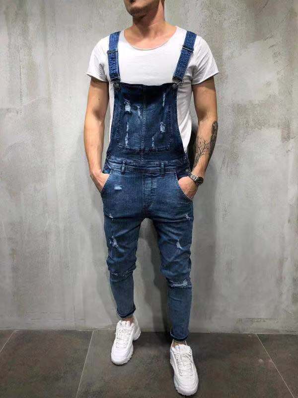 FL6B Men Ripped Denim Jumpsuit Overalls Jean Casual Suspenders Pants Fashion Hip Hop Bib Pant Streetwear U6MS