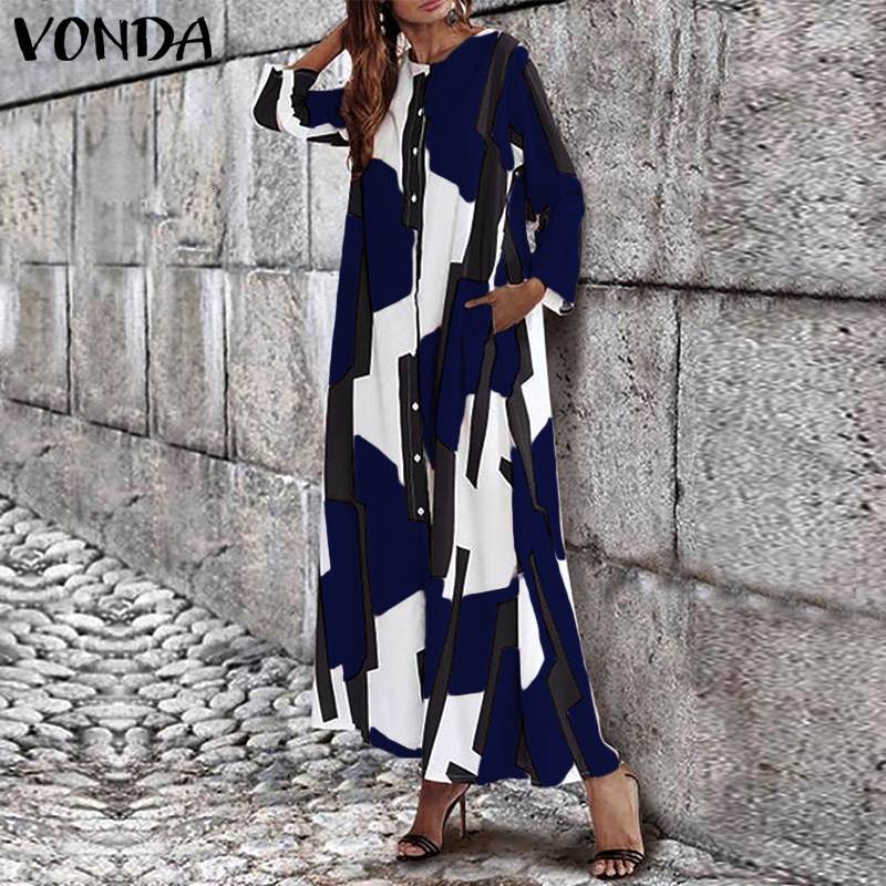 Women&#039;s Blouses & Shirts 2021 VONDA Summer O Neck Long Sleeve Pattern Print Dresses Bohemian Women Maxi Dress Casual Loose Party V