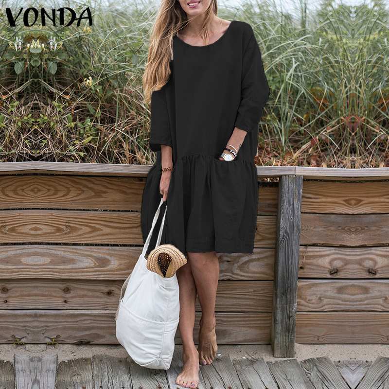 Women&#039;s Blouses & Shirts Casual Loose Long Sleeve Back Button Shirt Dresses VONDA 2021 Autumn Women Vintage Cotton Dress Pockets M
