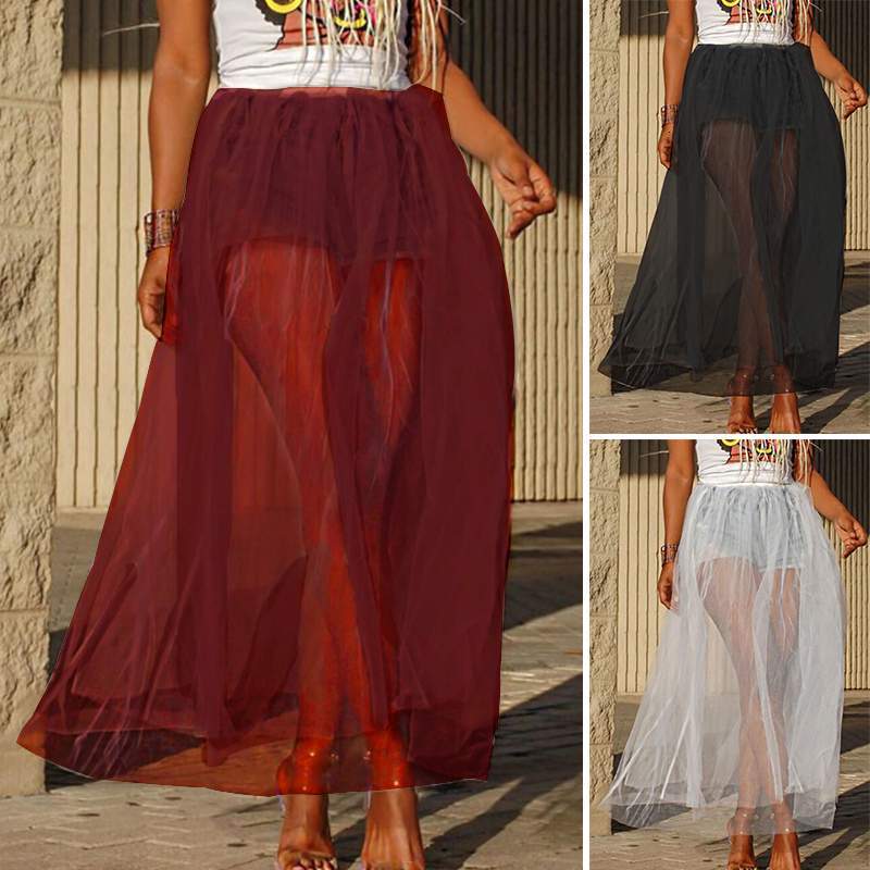 Skirts Beach Maxi Skirt Women High Waist Summer Mesh Sheer Bohemian Jupe Solid Netting Faldas Saia S-5XL Plus Size 01C5