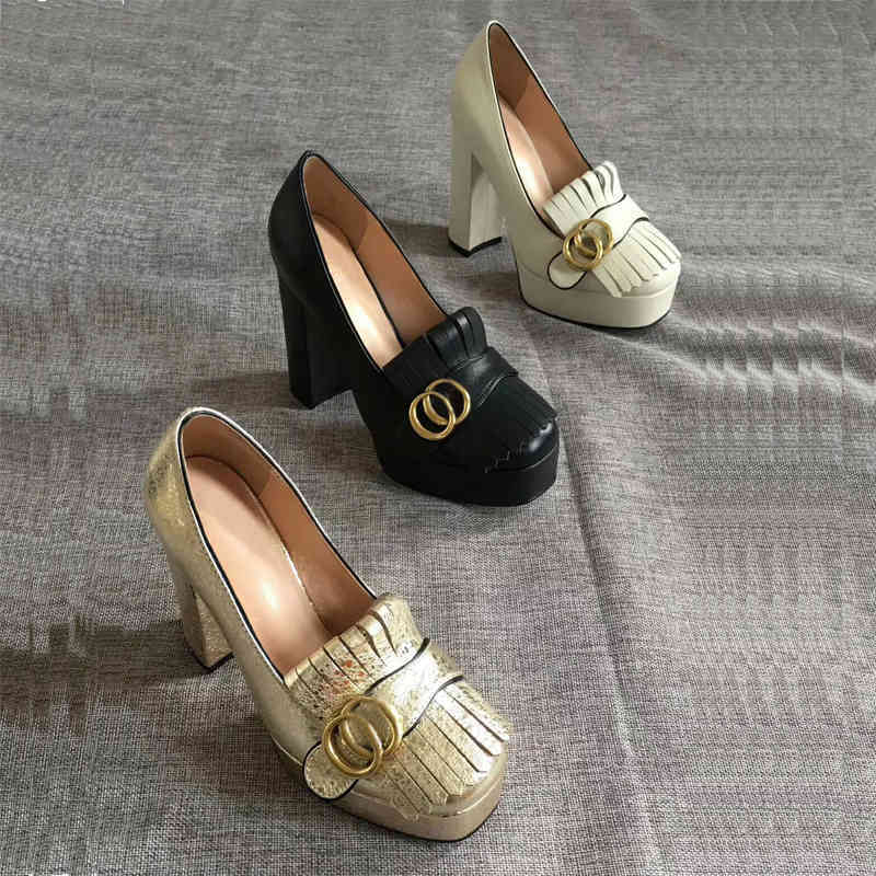 Dress Shoes Womens Platform Pump Fashion Office Party Ladies Square Toe Tassel Pumps Block High Heels Thick Sole Genuine Le IGCE