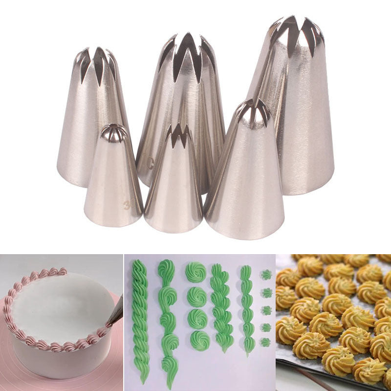 6Pcs-Set Silver Pastry Nozzle Fondant Decor 8-tooth Kitchen Gadgets Cookies Supplies 304 Stainless Steel Cakes Decoration