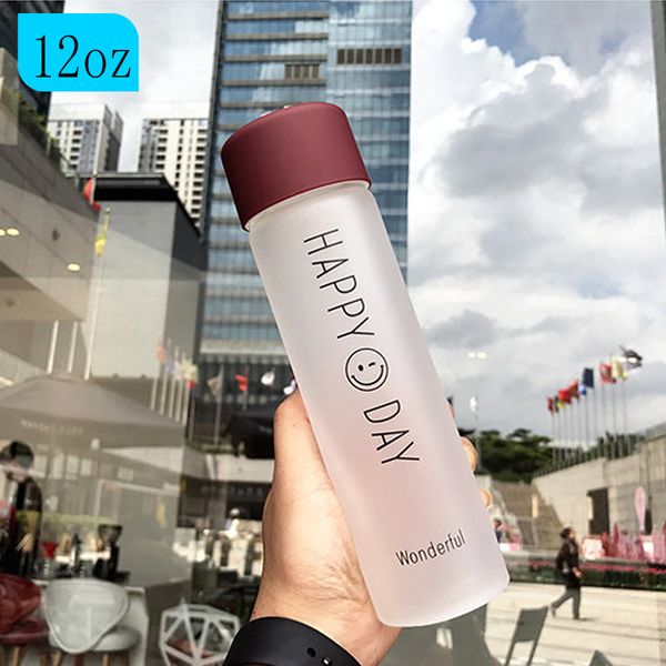 12oz Frosted Glass Water Bottles Tea Juice Coffee Container Contracted Portable Cute Smiley Rope Sealing lid Cup Tumbler Student Gift JY0024