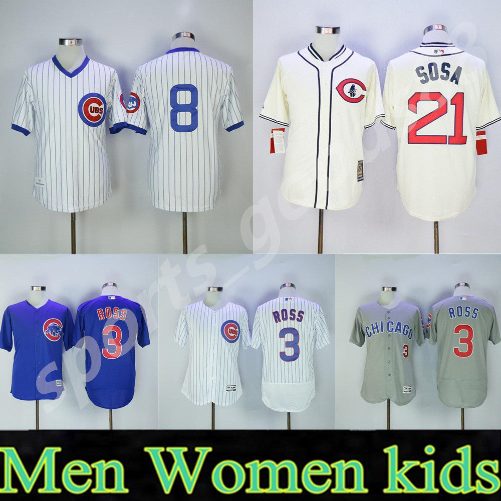 Custom Men Women kid Chicago 3 David Ross Jerseys 8 Andre Dawson 21 Sammy Sosa All Stitched Pullover Retire Pinstripe Flexbase Cool Base Cubs jersey