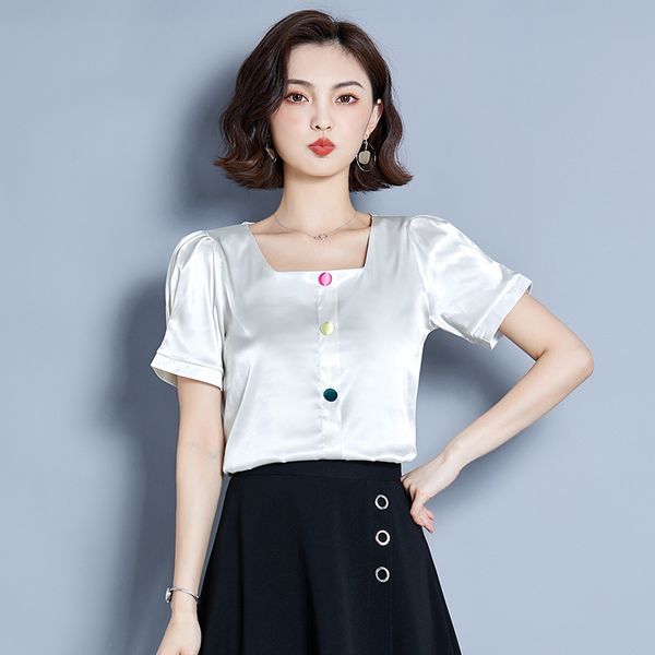 Korean Fashion Silk Women Blouses Shirt Solid Satin Tops Woman Blouse Top Plus Size Blusas Femininas Elegante 210427