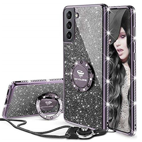 Women Girls Glitter Cute Phone Cases with Ring Kickstand Bling Diamond Rhinestone Bumper Protective Soft Case for Galaxy Samsung S22 S21 iPh