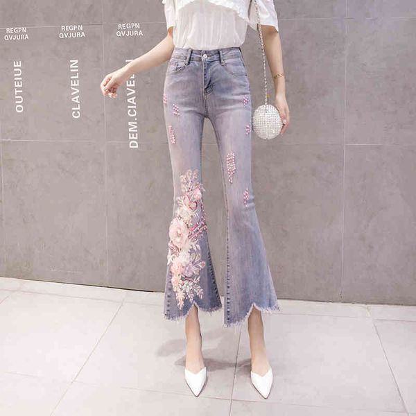 Women Jeans Fashion Europe Style Embroidery Flower Beading Flare Skinny Denim Pants Female Jean Trousers A3229 210428