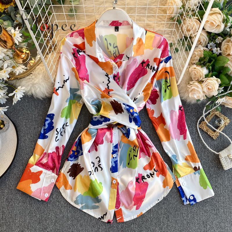 Women&#039;s Blouses & Shirts Womens Tops And Temperament Female Band Waist Irregular Fashion Casual Turn-down Collar Tie Dye Plus Size Wome 49AF