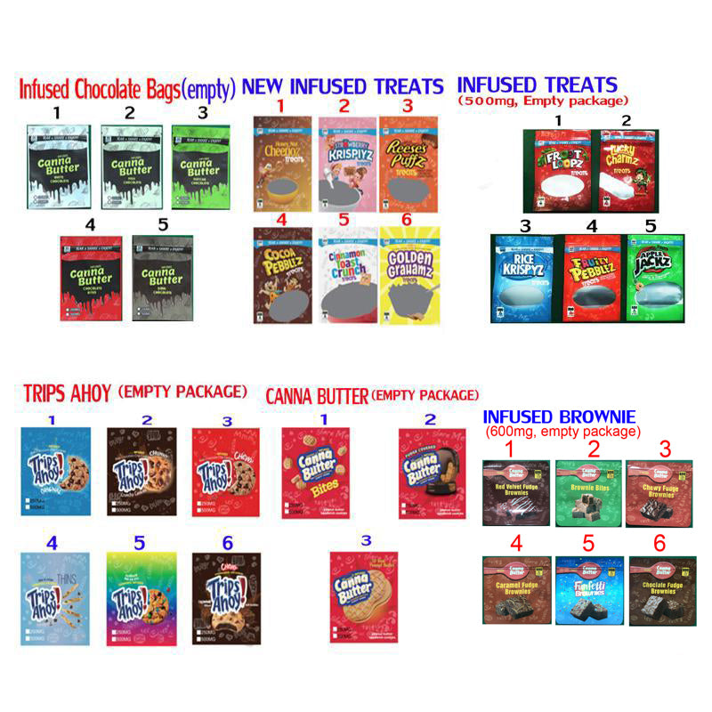 INFUSED CHIPS CEREAL TREATS CHOCOLATE brownie MYLAR BAGS RUNTZ FLAMIN CANNA BUTTER TRIPS AHOY MEDICATED EDIBLES PACKAGING COOKIES