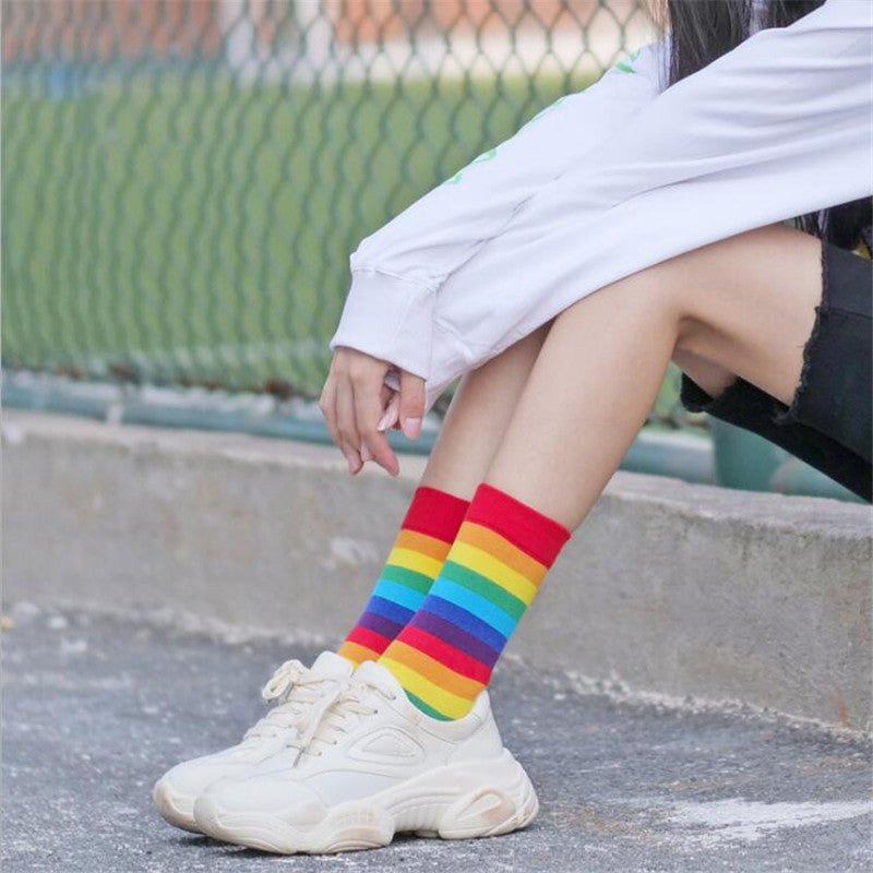 Cotton Elasticity Sweat Women&#039;s High Socks Candy Color Rainbow Socks Striped Sporty Meias Casual Streetwear Harajuku Socks