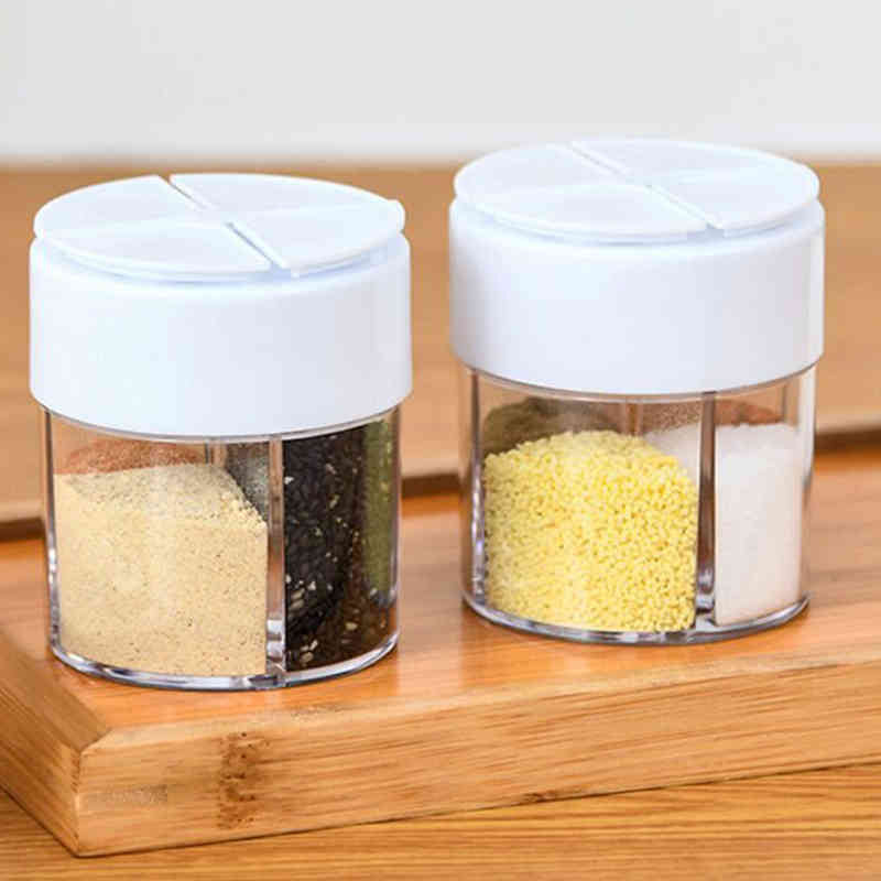 1-2PCS Seasoning Box 4 Compartments Kitchen Spice Storage Bottle Jars With Lid Storage Salt Pepper Cumin Kitchen Tool