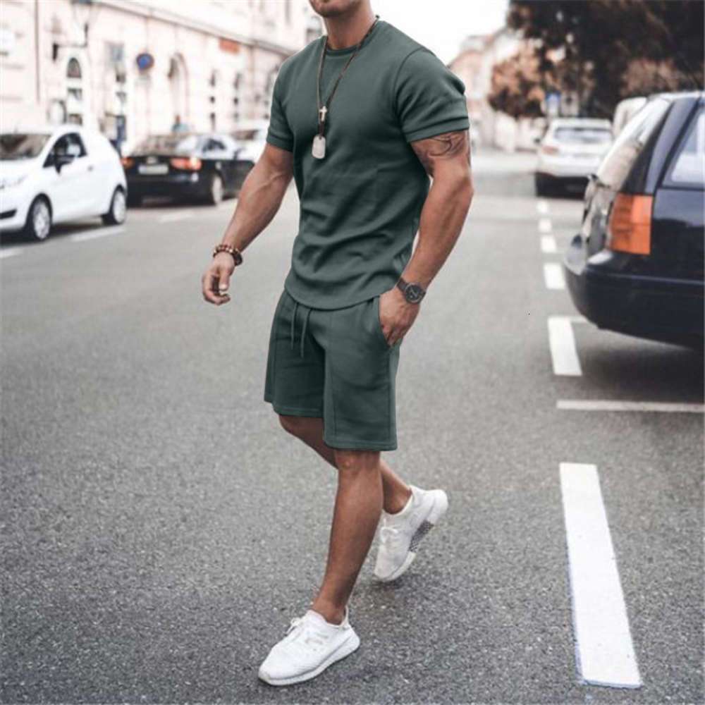 2021 summer tracksuits trend round neck T-shirt youth casual sports suit men&#039;s short sleeve