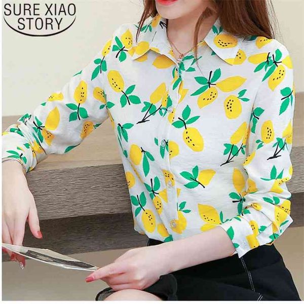 Autumn Fashion Women Shirts Casual Printed Turn-down Collar Tops Long Sleeve Fresh Blouses 6201 50 210506
