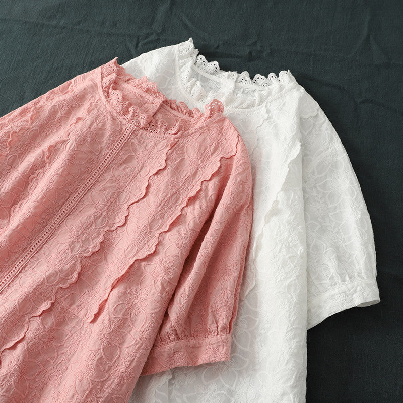 Women&#039;s Blouses & Shirts Lamtrip Unique Floral Embroidery Sweet Lacing Ruffled Collar Short Sleeve Cotton Shirt Women Top 2021 Sum
