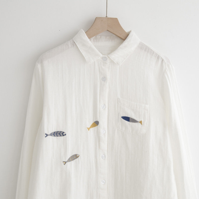Women&#039;s Blouses & Shirts Lamtrip Spring Free Swimming Fish Embroidery Kawaii Cotton Yarn Long Sleeve Shirt Blouse 18T0