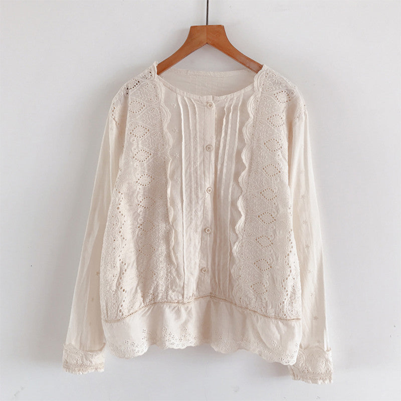 Women&#039;s Blouses & Shirts Lamtrip Retro Geometric Hollow Out Ruffles Single Breasted Long Sleeve Shirt Blouse 2021 Spring TIBY