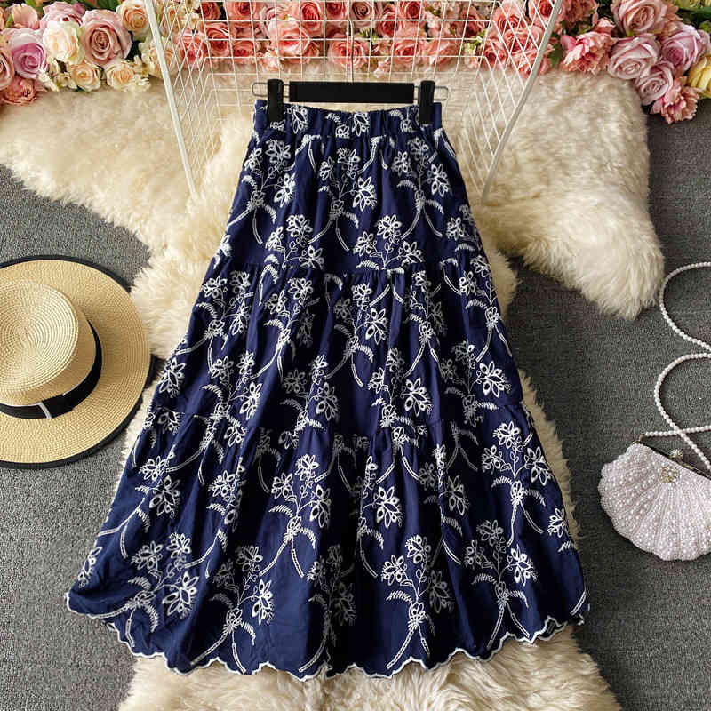 Skirts Heavy industry hollow embroidered flowers high-waisted skirt in the long knee-length loose waist large swing 58M5