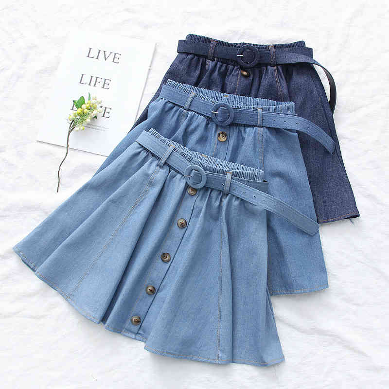 Skirts Preppy Single-Breasted Cotton Denim Short Skater Skirt Elastic Waist Belt A- Line Pleated Mini Skorts Jean 32MY