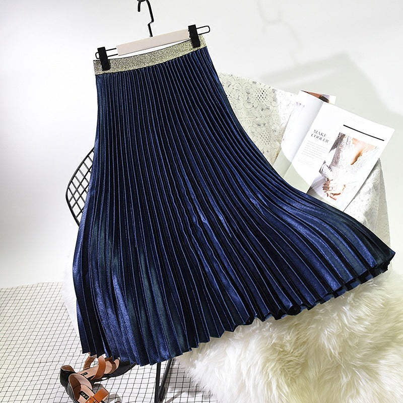 Skirts Spring Metallic Pleated Skirt Female Shine Satin Retro Velvet Chic A-line Accordion Long VVIU
