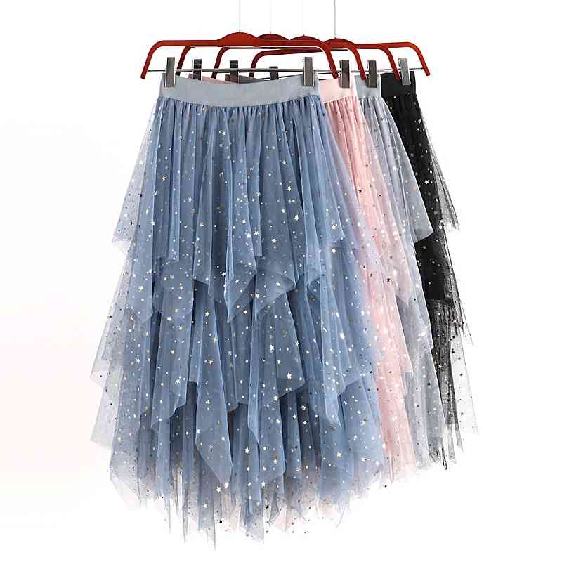 Skirts Metallic Sequined Starry Irregular Layered Mesh Patchwork Long Stretch Waist Shine Stars Tulle High Low A-line Skirt XK6L
