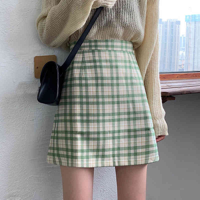 Skirts Spring Preppy Style Plaid Short Skirt Skorts Slim Hip Green-Navy Check Students Mini 83JW