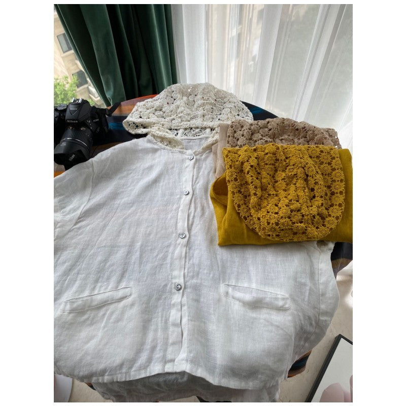 Women&#039;s Blouses & Shirts Vintage knitted daisy flower lace hollow out patchwork linen hooded cardigan shirt mori girl Japanese sty