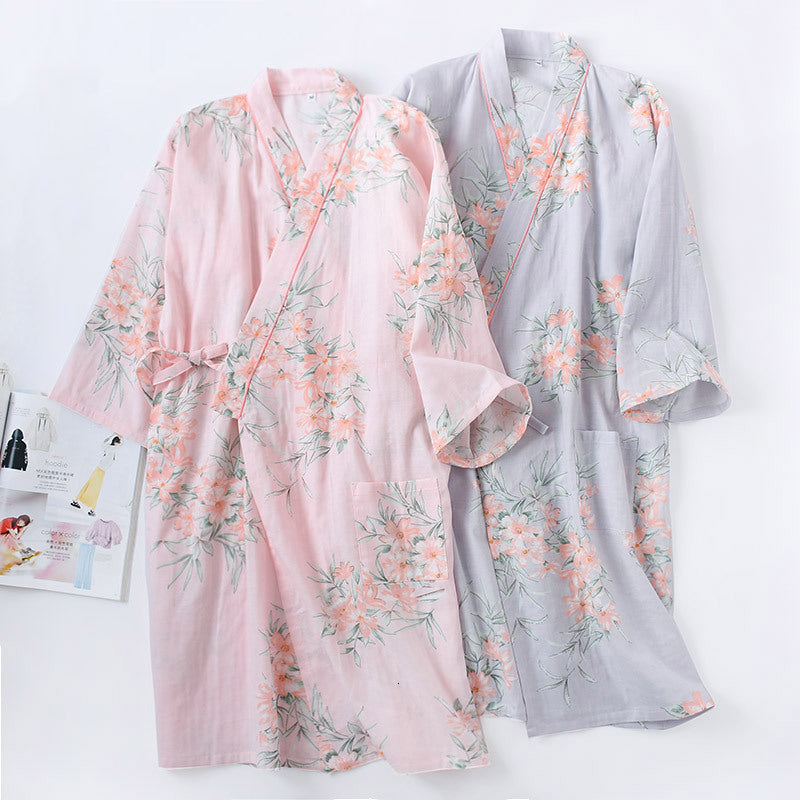 Women&#039;s Sleepwear 100% Cotton Kimono Women Casual Flower Night Long Homewear Full Sleeve Fashion Clothes Vintage Pjs Japanese Styl