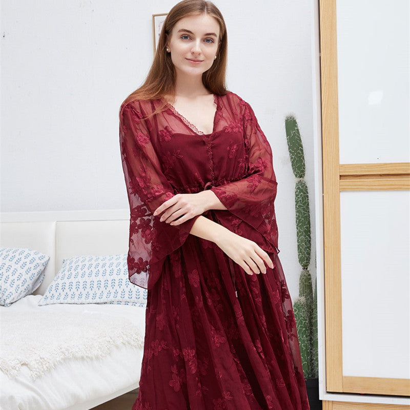Women&#039;s Sleepwear Lace Long Nightgown Red Romantic Autumn Summer Night Women Vintage Sleep Home Wear Kaftan WP6A