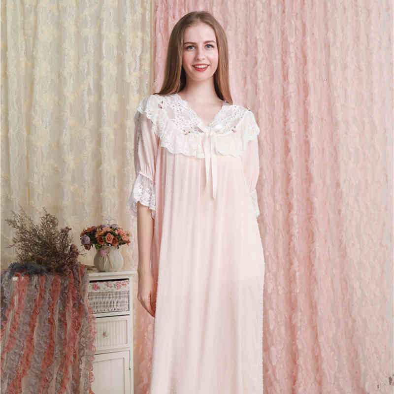 Women&#039;s Sleepwear Nightgown Women Princess Sleepshirts Vintage Pink Cotton Romantic gowns Lounge T42X