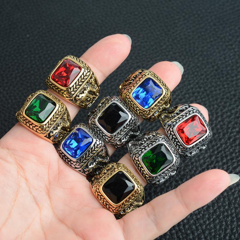Loredana Exquisite Rings For Men.Square Shape Noble Grain Dragon Relief Pattern Multi - Color Jewel Titanium Steel Ring Cluster