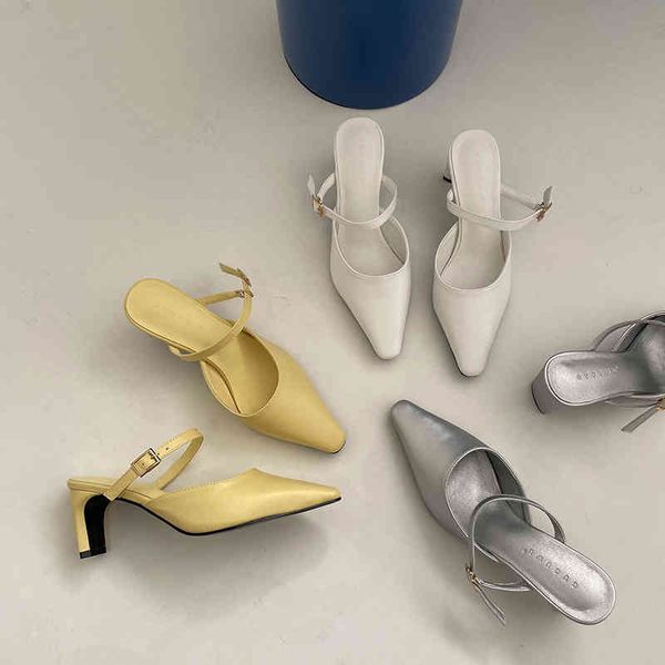 Silver Women Slippers Pointed Toe Slides Summer Dress Shoes Thick Mid Heels Yellow Party Pumps Shallow Slippers Size 35-39 210513