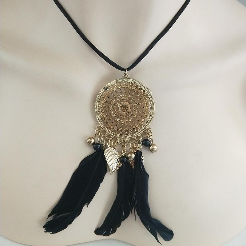 Ancient Gold Openwork Round Fringed Feather For Women Pendant Rhinestone Bohemian Choker Long Necklace Drop Necklaces