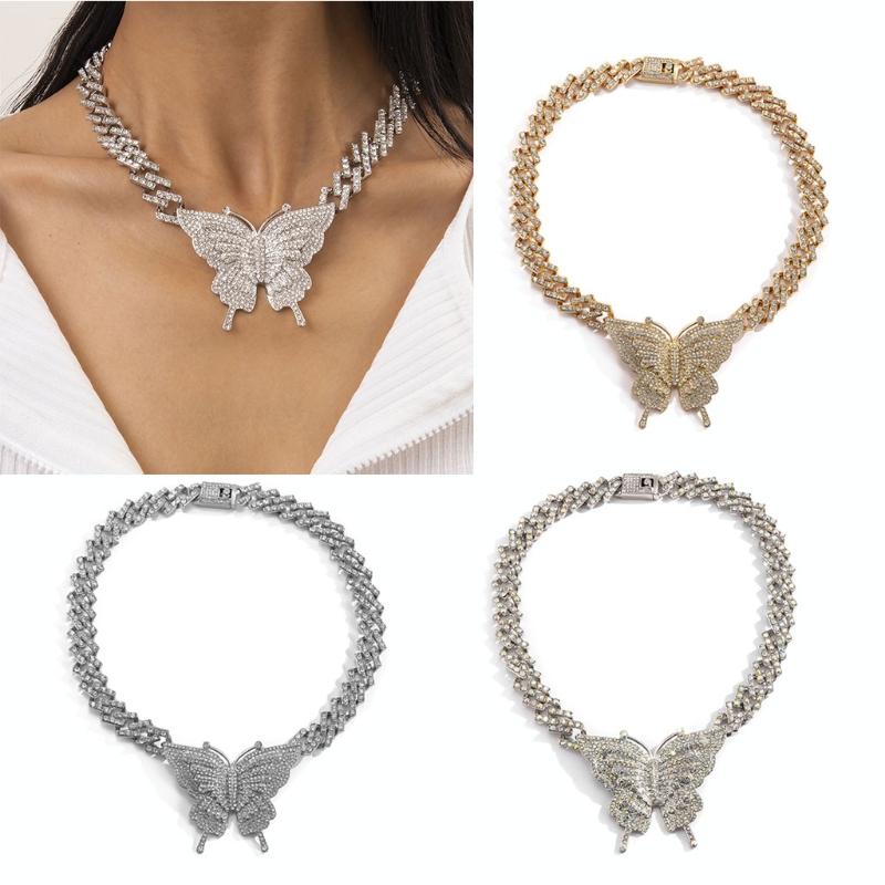 Chains Shiny Crystal Big Butterfly Necklaces Woman Chain Choker Necklace Iced Out Pendant Hip Hop Statement Jewelry