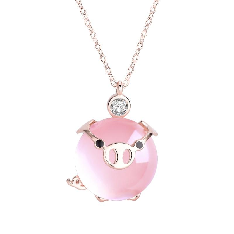 Pendant Necklaces Ociki Rose Gold Color Chokers Pink Opal Jewelry Necklace Pig Ross Quartz For Women Girls Chinese Zodiac Cute Gift Drop
