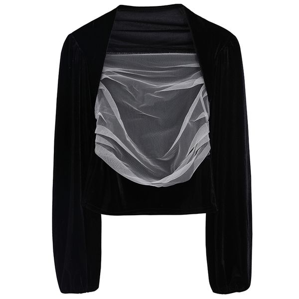 Women Black Velvet Mesh Patchwork Shirt Square Collar Puff Sleeve Long Blouse Short Top Spring B0725 210514