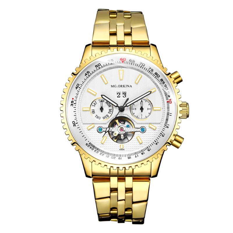 Wristwatches MG.ORKINA Men&#039;s Automatic Mechanical Day-Week-Month Tourbillion Stainless Steel Watch Gift Box