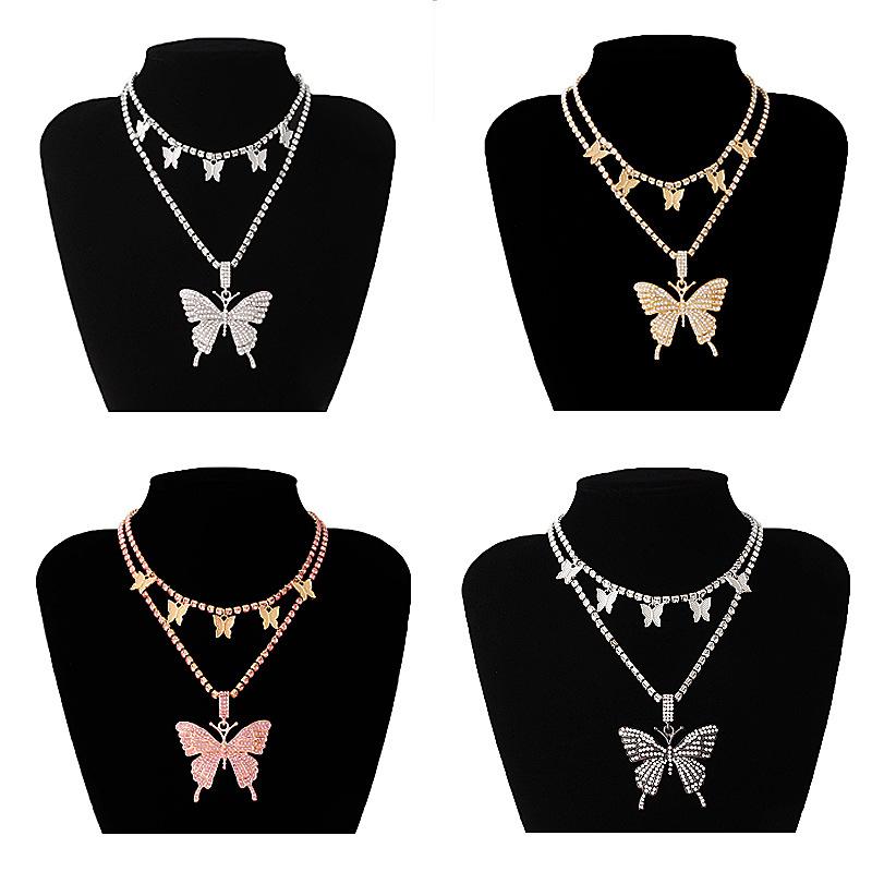 Chains HIP 2pcs Kit Layered Butterfly Necklace Pendants Chain Set Luxury Rhinestones Choker For Women Jewelry