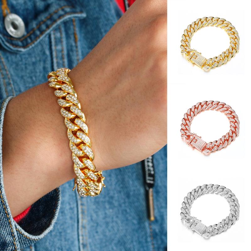 Link Chain 1PC Fashion Hiphop Luxury Bracelets Men Women Punk Cuban Bracelet Shiny Rhinestone Jewelry Accessories GiftLink